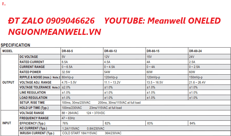 Bộ Nguồn Meanwell DR-60-5 Bộ Nguồn Meanwell DR-60-5