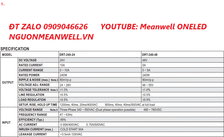 Bộ Nguồn Meanwell DRT-240-48 Bộ Nguồn Meanwell DRT-240-48