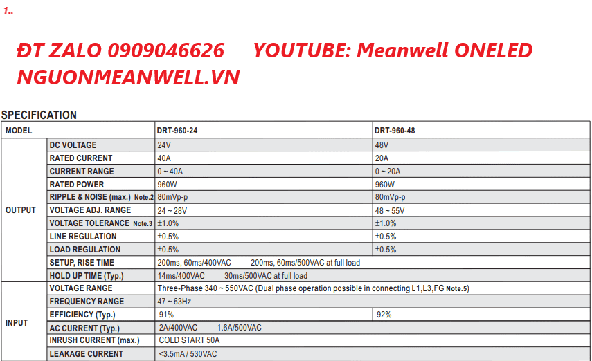 Bộ Nguồn Meanwell DRT-960-24 Bộ Nguồn Meanwell DRT-960-24