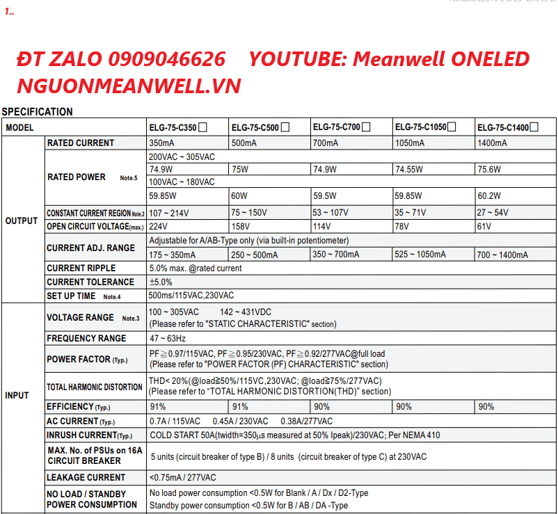 Bộ Nguồn Meanwell ELG-75-C350B Bộ Nguồn Meanwell ELG-75-C350B