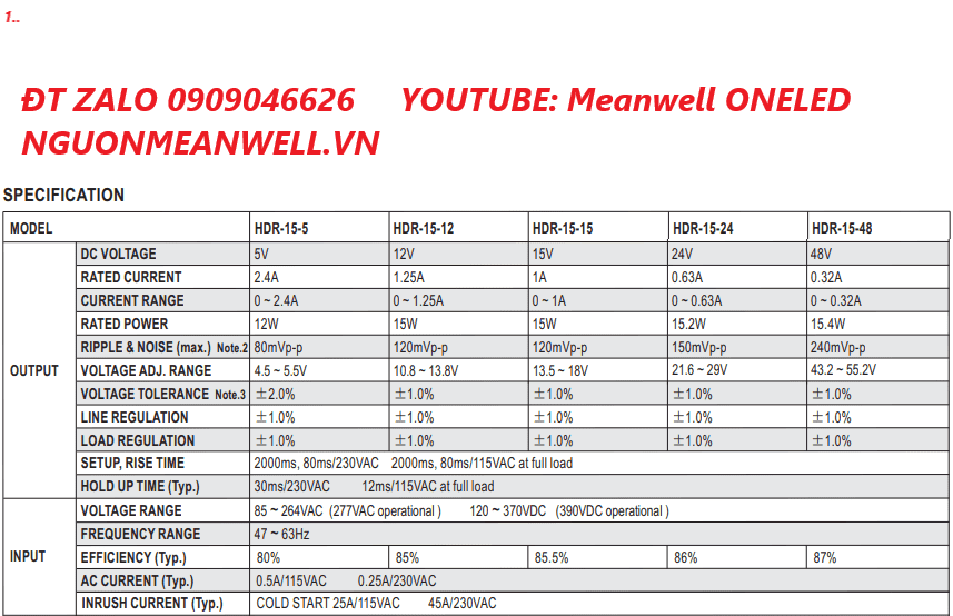 Bộ Nguồn Meanwell HDR-15-48 Bộ Nguồn Meanwell HDR-15-48