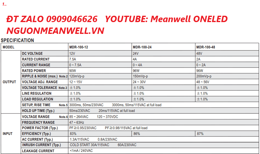 Bộ Nguồn Meanwell MDR-100-24 Bộ Nguồn Meanwell MDR-100-24