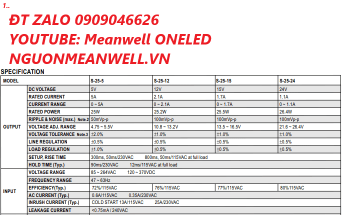 Bộ Nguồn Meanwell S-25-15 Bộ Nguồn Meanwell S-25-15