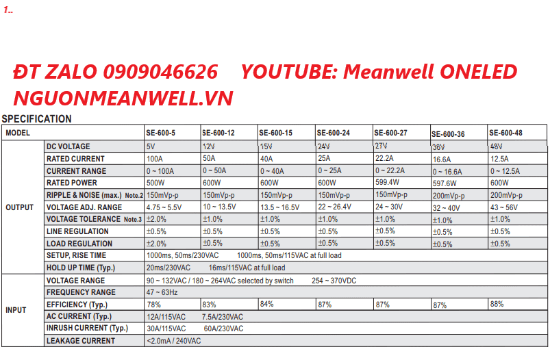 Bộ Nguồn Meanwell SE-600-15 Bộ Nguồn Meanwell SE-600-15