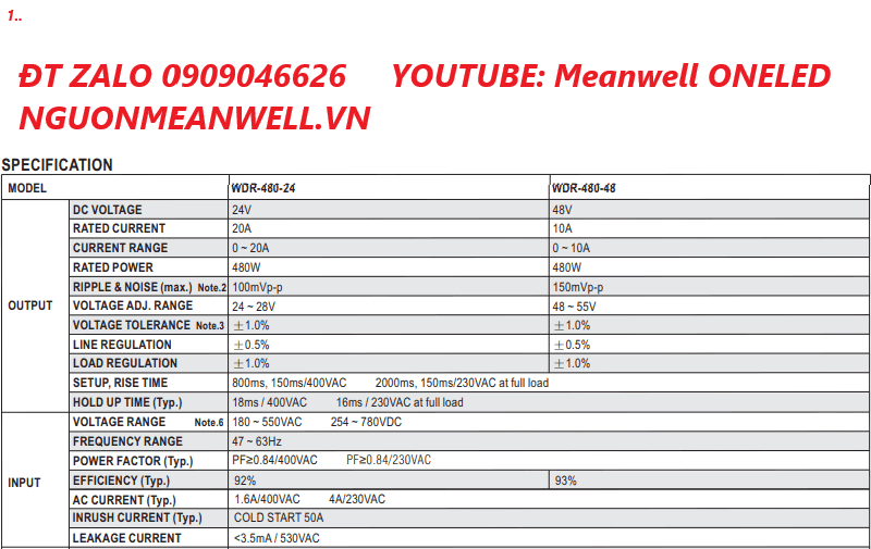 Bộ Nguồn Meanwell WDR-480-48 Bộ Nguồn Meanwell WDR-480-48