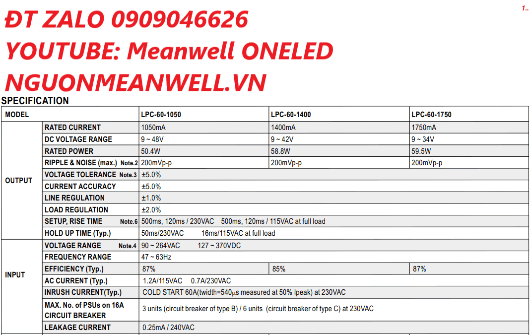 Bộ Nguồn Meanwell LPC-60-1750 Bộ Nguồn Meanwell LPC-60-1750